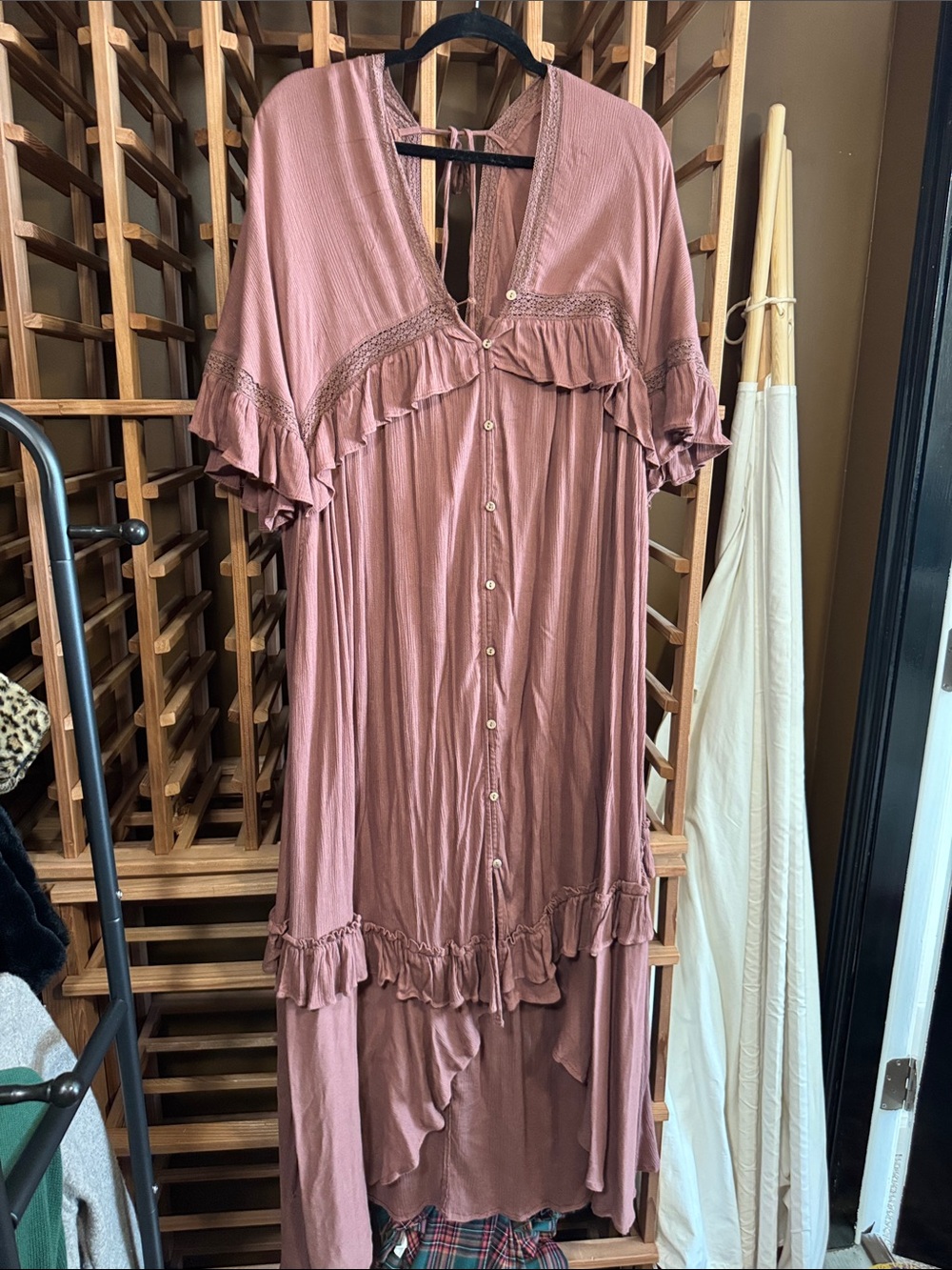 Free People Dusty Rose Button-Front Ruffle Maxi Dress